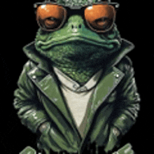 a frog wearing sunglasses and a green jacket