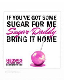 a pink lollipop with the words if you 've got some sugar for me sugar daddy bring it home written on it