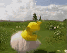 a stuffed animal is standing in a field wearing a yellow hat and a pink dress .