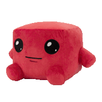 a red stuffed animal with black eyes and a slight smirk on its face