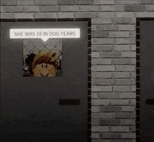 a brick wall with a picture of a girl and the words she was 18 in dog years