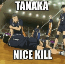 a volleyball player is laying on the floor with the words tanaka nice kill below him