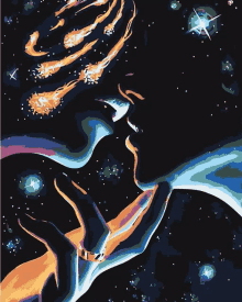 a painting of a man and woman kissing in the night sky