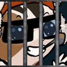 a cartoon man wearing sunglasses is behind bars .