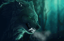 a drawing of a wolf with green eyes and fangs