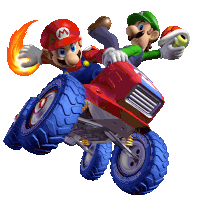 mario and luigi are riding a red vehicle that says turbo racer on the front