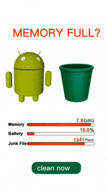 a screen shows a green trash can next to an android and the words memory full