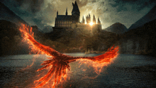 a painting of a castle with a phoenix flying in front of it