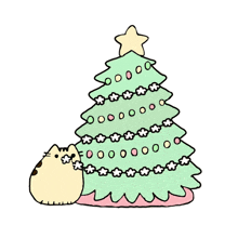 a drawing of a cat sitting next to a christmas tree with a star on top