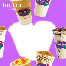 a purple background with toc tra by tealive cups on it