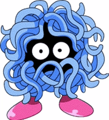 a cartoon drawing of a monster with blue hair