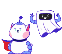 a robot and a ghost are standing next to each other on a white background .