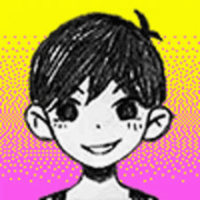 a black and white drawing of a boy with short hair smiling on a yellow and pink background .