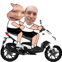 a cartoon of two men riding a motorcycle with their faces on the back