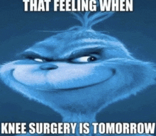 a picture of a grinch with a caption that says that feeling when knee surgery is tomorrow