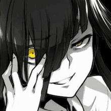 a black and white drawing of a girl with yellow eyes covering her face with her hand .