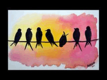 a painting of birds sitting on a wire with a pink background .