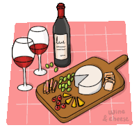 a drawing of a cutting board with a bottle of wine and cheese