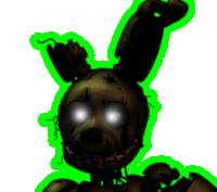 a skeleton rabbit with glowing eyes is standing in front of a green background .