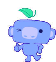 a blue cartoon character with a green leaf on his head