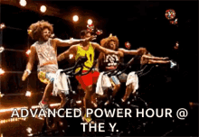 a group of people are dancing with the words advanced power hour @ the y