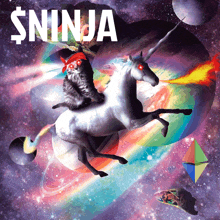 a cat is riding on the back of a unicorn with the words $ ninja written above it