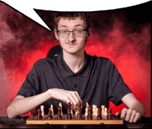 a man playing a game of chess with a speech bubble above his head