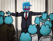 a cartoon of a man wearing a make memecoins based again hat giving a speech