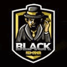 a man in a suit and hat is holding a gun in a shield with the words `` black romana '' .