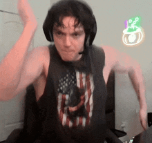 a man wearing headphones and a tank top with an american flag on it is dancing