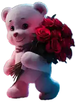 a teddy bear holds a bouquet of red roses