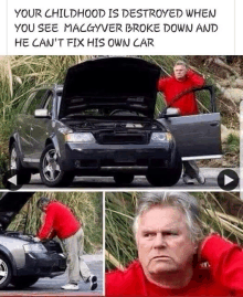 a man is standing next to a broken down car with the hood open