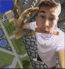 a man in a purple and white striped shirt stands in front of a minecraft map