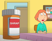 a cartoon woman sits at a table next to a bottle of shrap