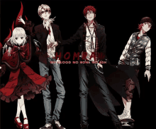 a group of anime characters standing next to each other with the words " no blood no bone no ash " written above them