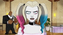 harley quinn is standing in a room with a man in a tuxedo holding a cup of coffee in front of her .