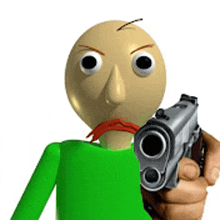 a bald man in a green shirt is holding a gun in his hand .