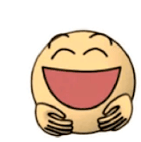 a cartoon smiley face is laughing with its mouth open and holding its hands around its chest .