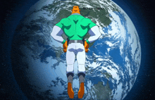 a man in a green and white superhero costume stands in front of a globe