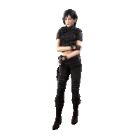 a woman standing with her arms crossed and a gun