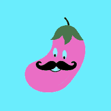 a pink eggplant with a green leaf and a mustache on a blue background