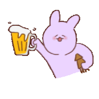 a purple rabbit is holding a mug of beer and a squid