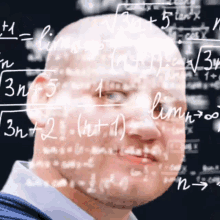 a man 's face is surrounded by mathematical equations including one that says " lim "