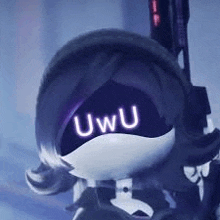 a close up of a cartoon character with a glowing face and the word uwu written on it .