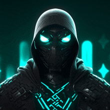 a hooded figure with glowing blue eyes and a geometric pattern on his chest