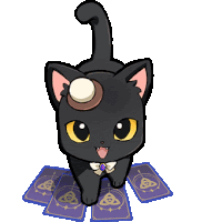 a black cat wearing a hat and bow tie is sitting on a pile of tarot cards