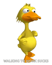 a cartoon duck is walking to work with the words walking to work sucks below it