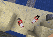 two minecraft characters are standing next to each other on a sandy beach