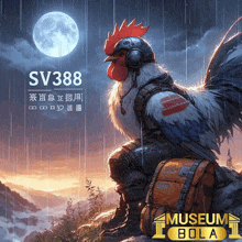 a rooster wearing headphones and a helmet sits on a rock next to a backpack and a sign that says museum bola