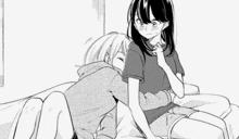 two girls are hugging each other on a bed in a black and white drawing .